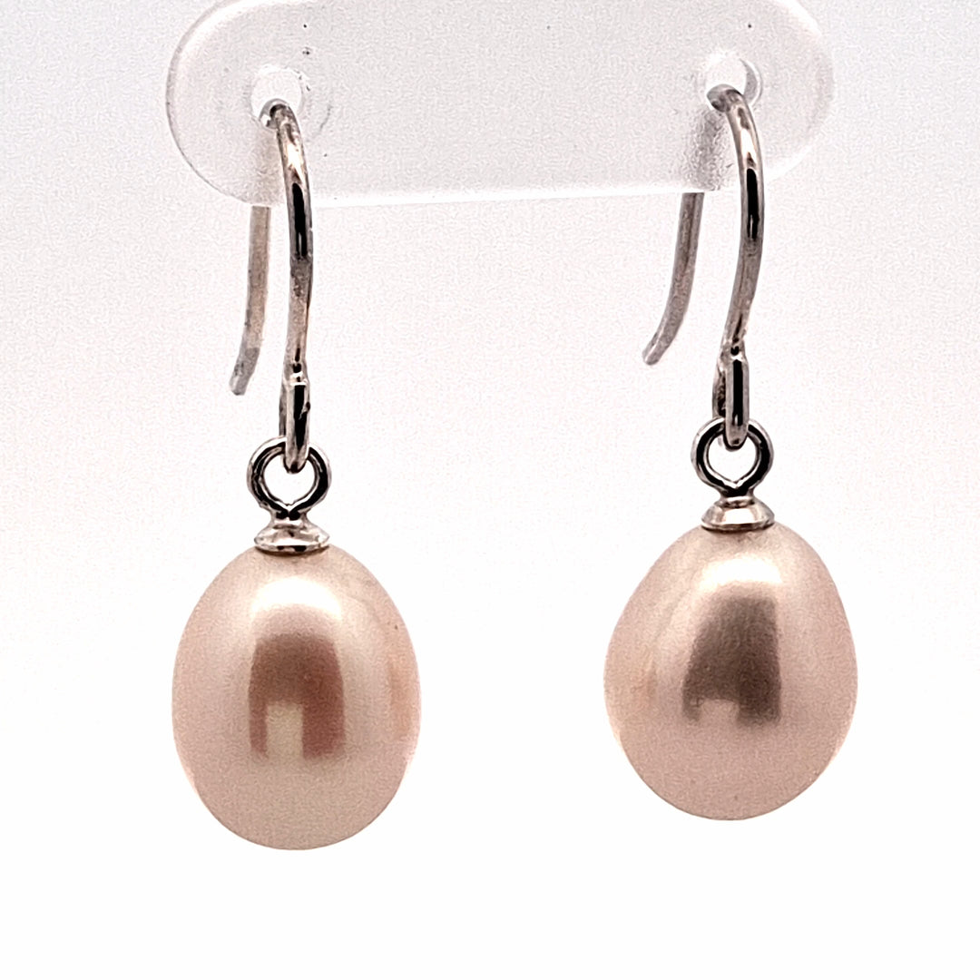 9x10mm white freshwater cultured pearl  sterling silver drop earrings 32326