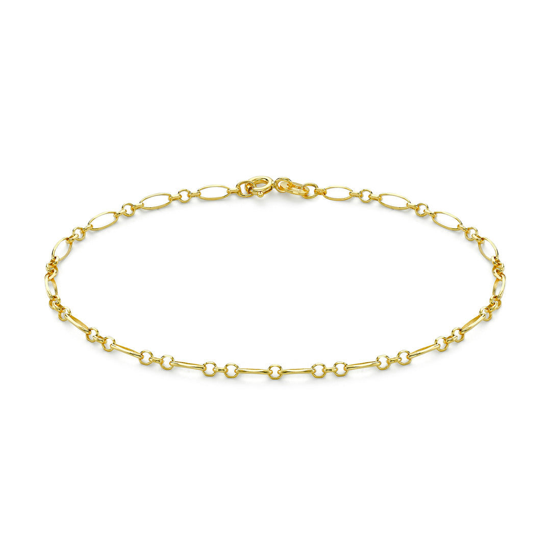 A delicate gold chain bracelet with a mix of elongated oval links and smaller circular links, displayed on a clean white background.