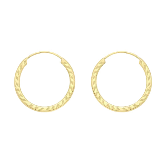A pair of gold hoop earrings with a textured, ridged outer edge and a smooth inner band, displayed on a light gray gradient background.