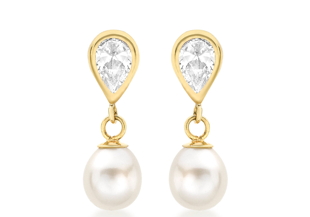 9ct gold Teardrop  CZ + pearl dropper earring 323 - Armin Lowe Jewellers