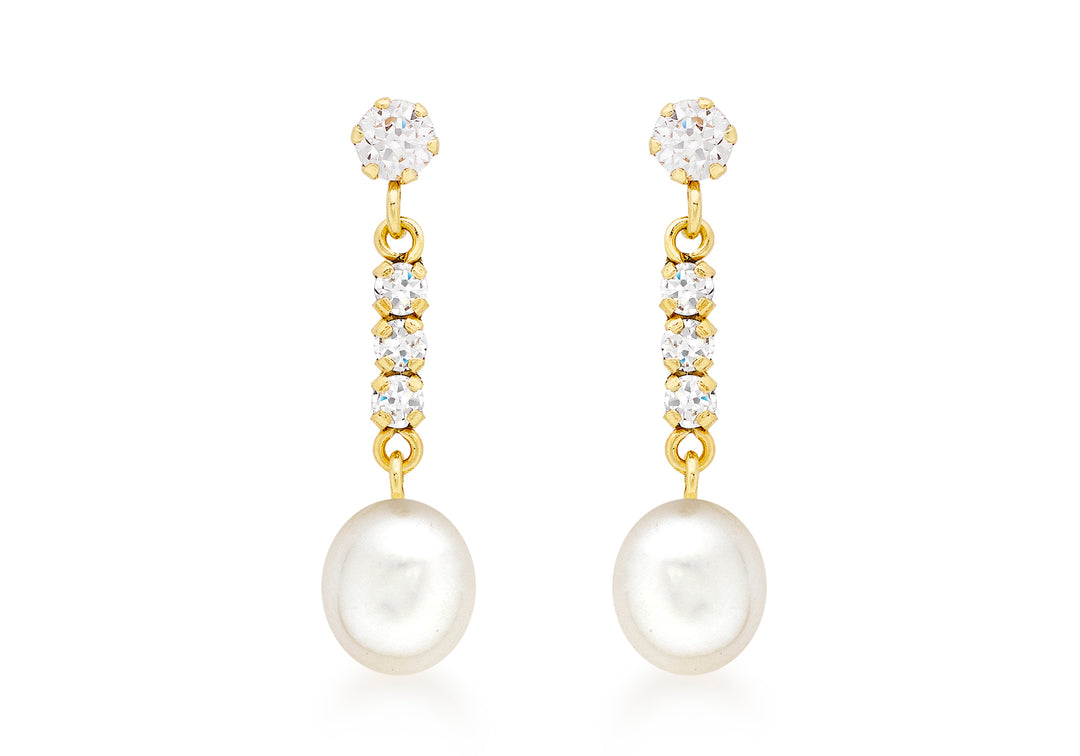 Gold CZ and cultured pearl drop earring 34256