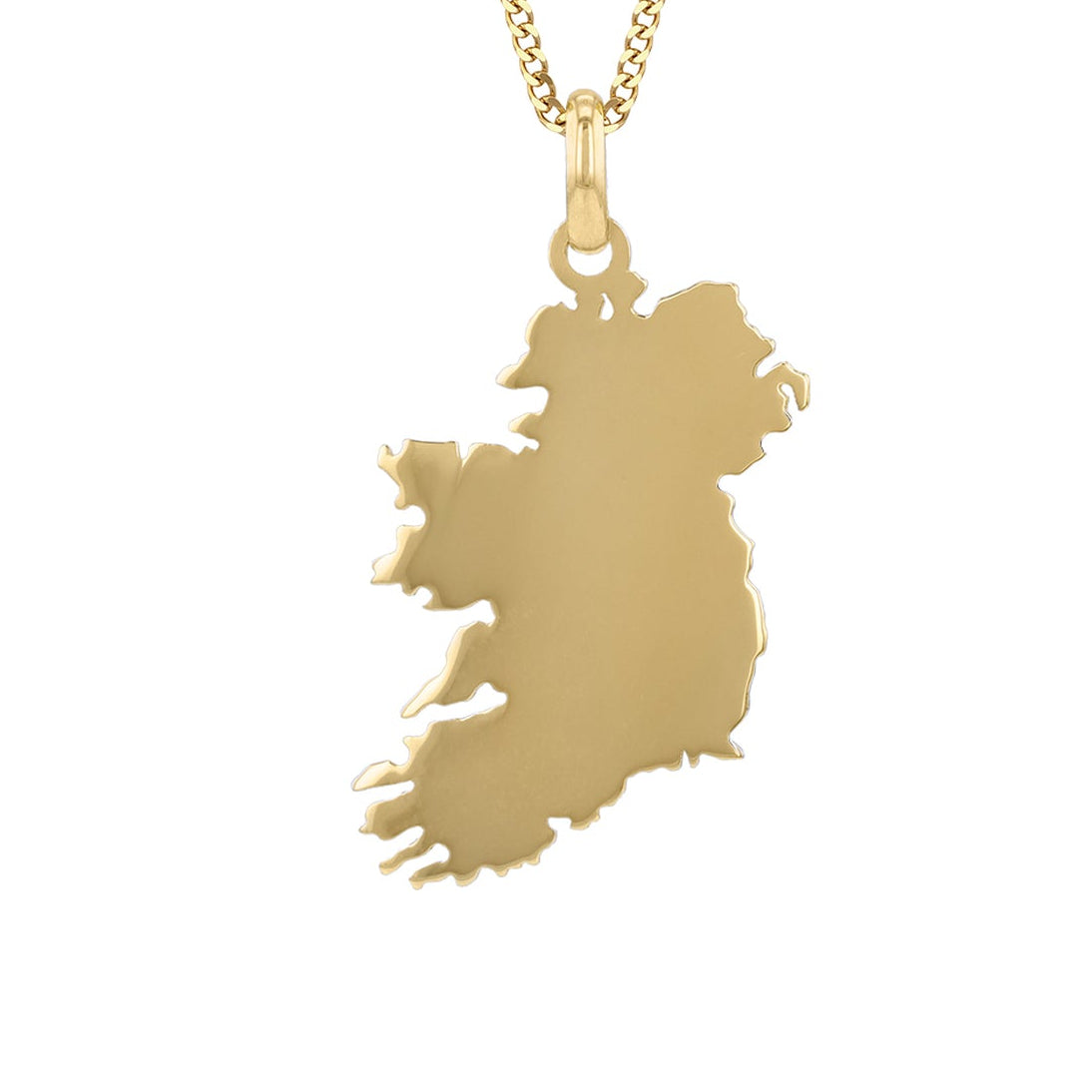 A gold necklace featuring a polished map-shaped pendant of Ireland, suspended from a delicate gold chain against a plain white background.