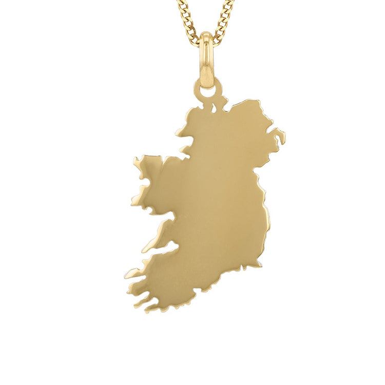 A gold necklace featuring a polished map-shaped pendant of Ireland, suspended from a delicate gold chain against a plain white background.
