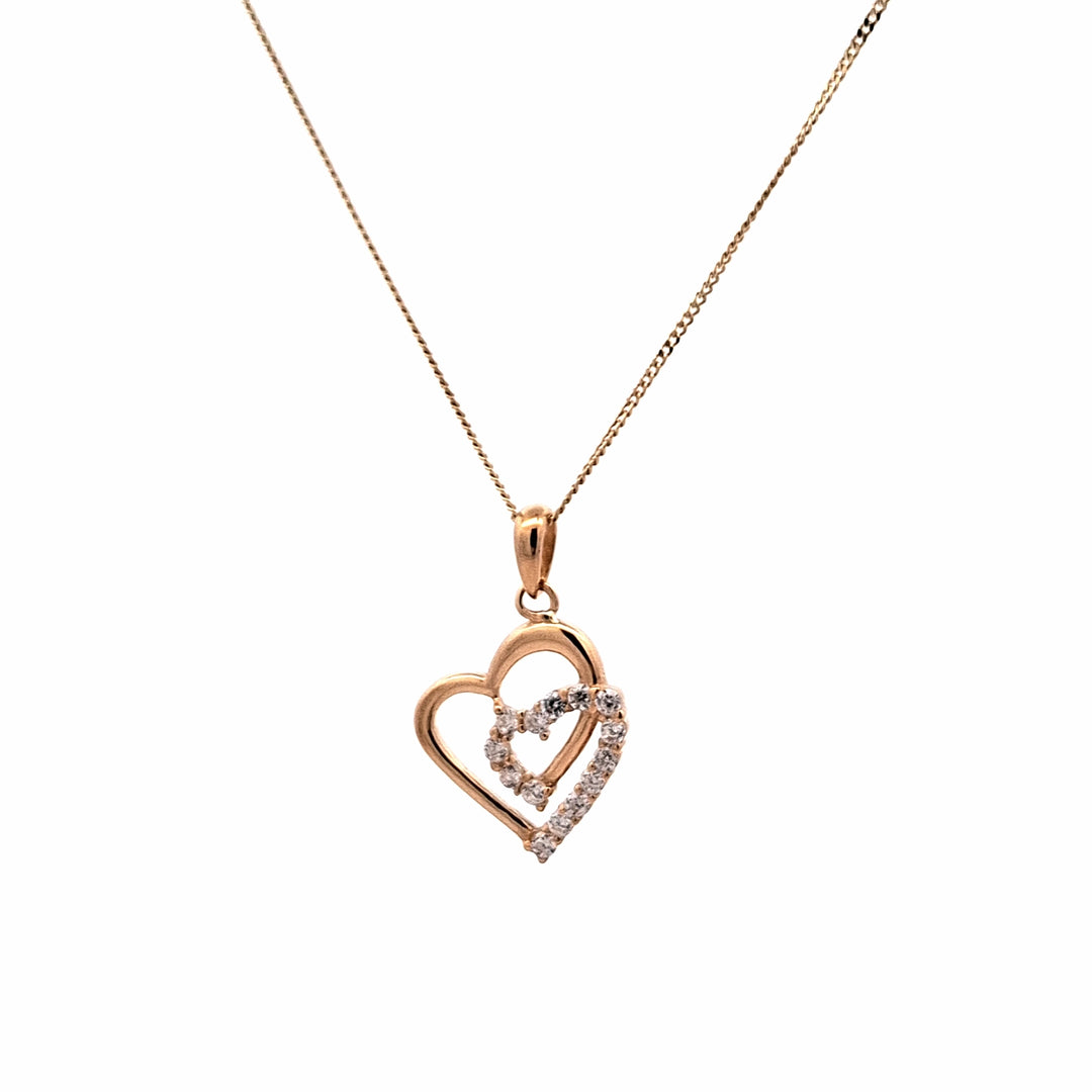 9ct Gold CZ Heart and Polished Heart Pendant 38846