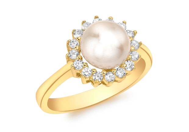 Gold ladies ring Pearl centre with CZ Halo 364
