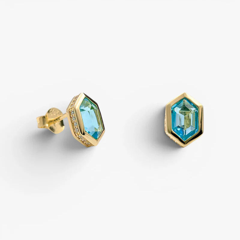 Gold toned hexagonal Aqua blue studs 38833