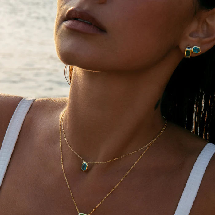 gold toned aquamarine pendant and earrings on model