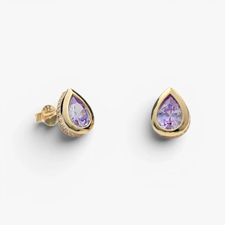gold tone teardrop stud earrings with purple stone