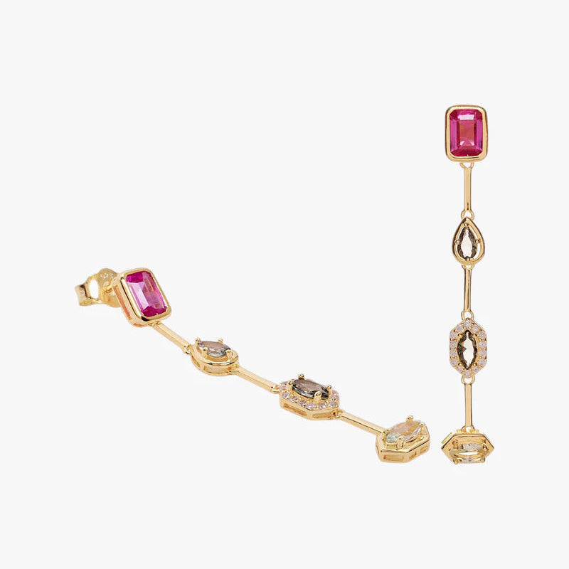 Gold tone linear fuchsia drop earrings 38808