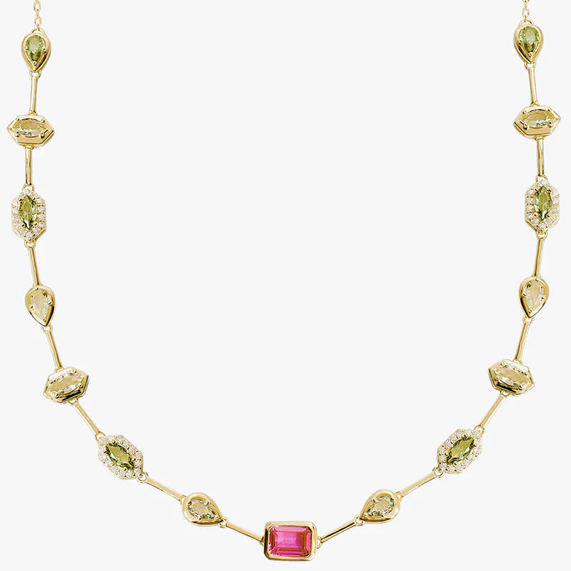 Gold tone linear fuchsia necklace 38809
