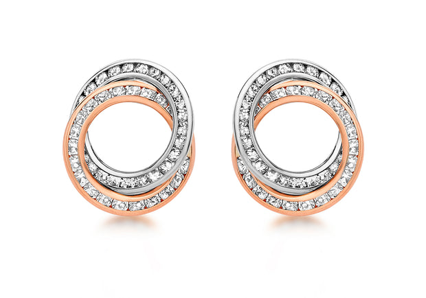 Rose + White gold Connected circle stud earrings 36869