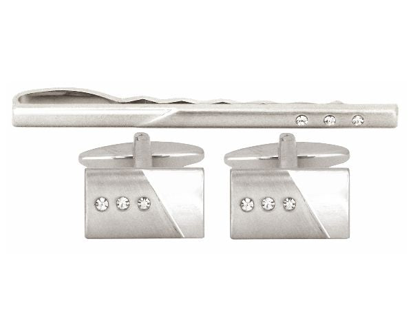 Brushed/shiny + 3 crystals cufflink and tie bar Set 5595