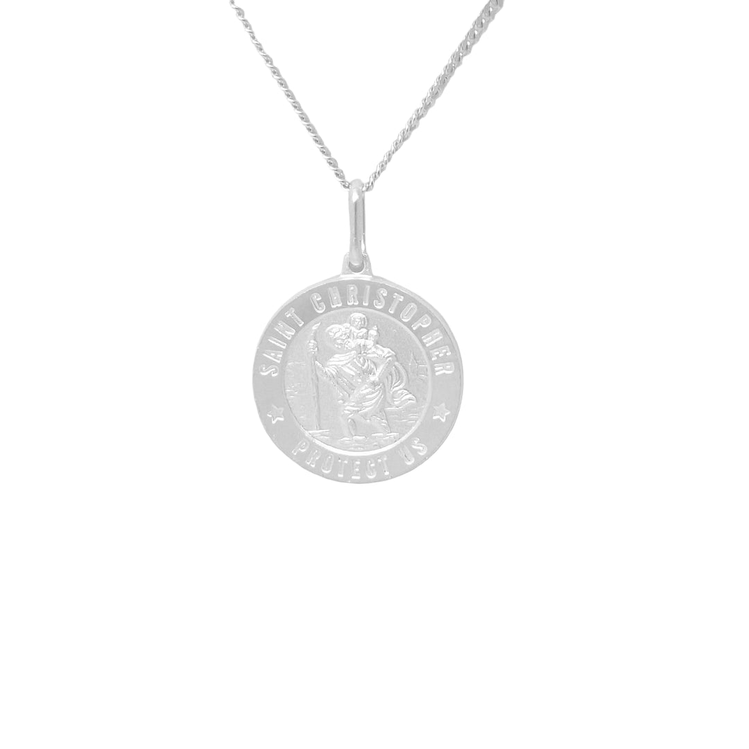 A silver Saint Christopher medal pendant necklace on a strong silver chain, displayed against a light gray background.