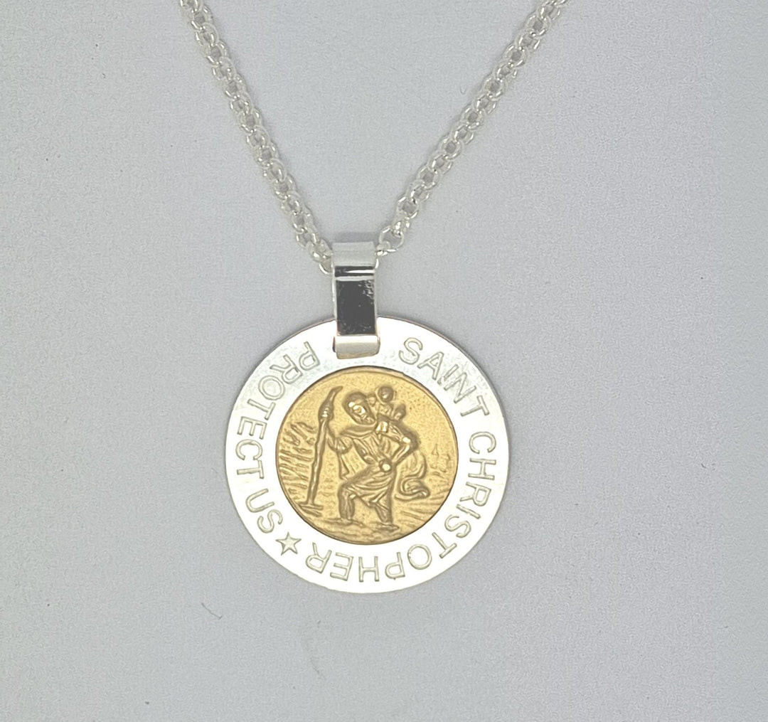 24mm round Sterling Silver  gold toned St. Christopher medal 37684