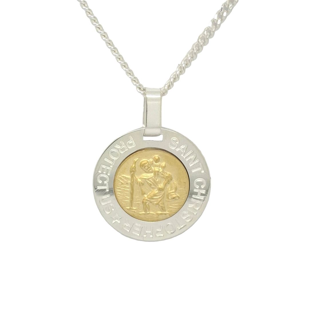 A silver and gold Saint Christopher pendant necklace on a silver chain, displayed against a light gray background.