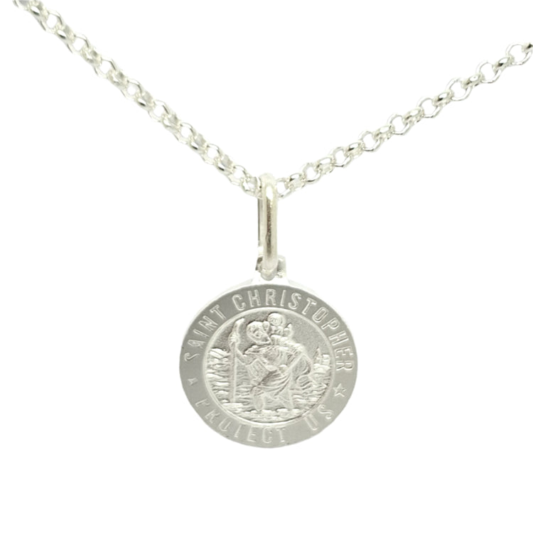 Silver Saint Christopher pendant necklace on a light gray background