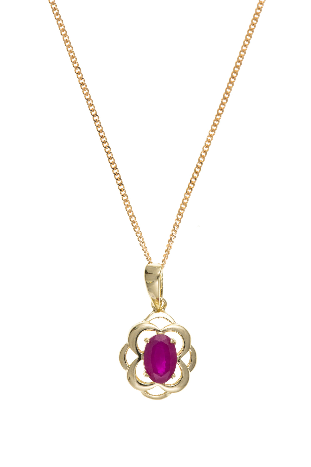 Gold pendant with 6x4mm oval real ruby set in fancy on chain 31865
