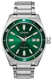Citizen vintage sports stainless steel model, green dial and bezel, 43mm case. Centre seconds, date at 3 o'clock 33474