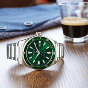 Citizen vintage sports stainless steel model, green dial and bezel, 43mm case. Centre seconds, date at 3 o'clock 33474