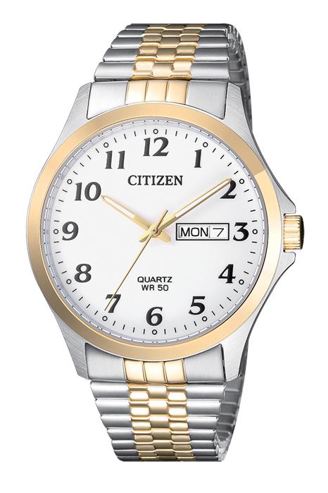 Citizen quartz two tone day date model on expanding bracelet, white dial with full figures, centres seconds & day/date at 3 o&