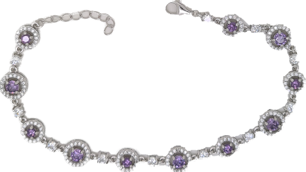 Sterling silver round multi halo Amethyst purple CZ bracelet 34669