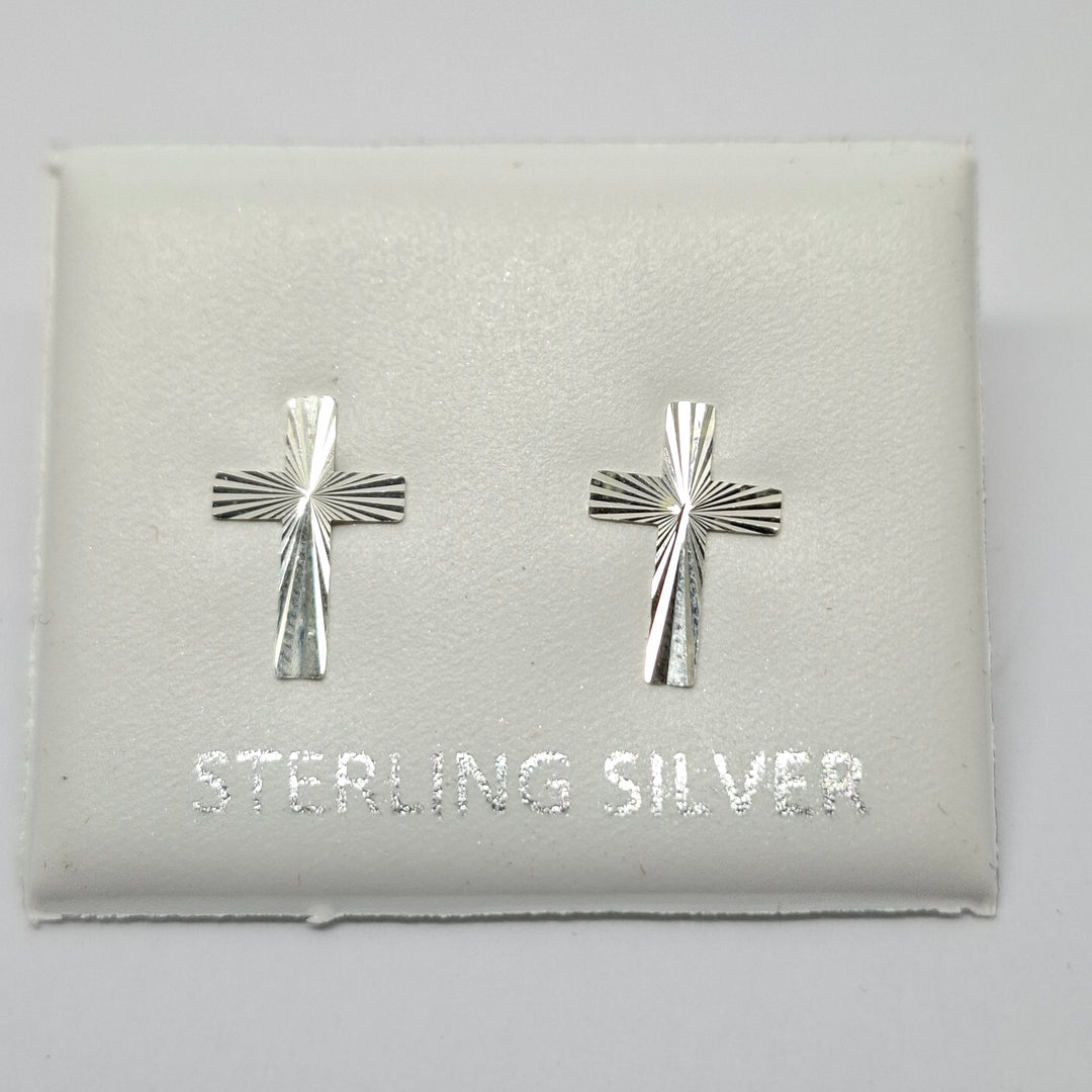Sterling silver diamond cut cross stud earrings 33158