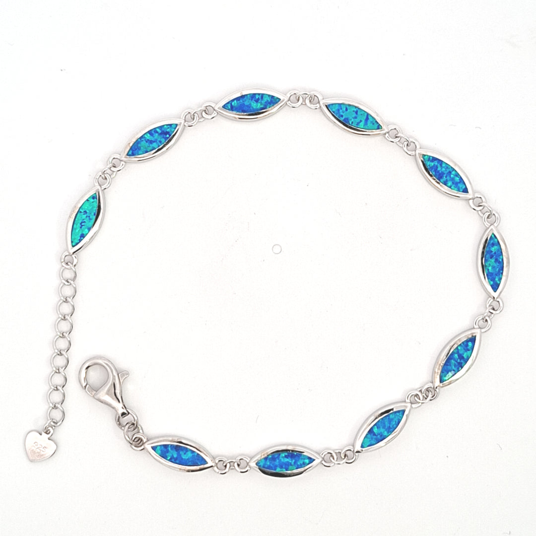 Sterling silver marquise link Syn Blue Opal set bracelet. 38082