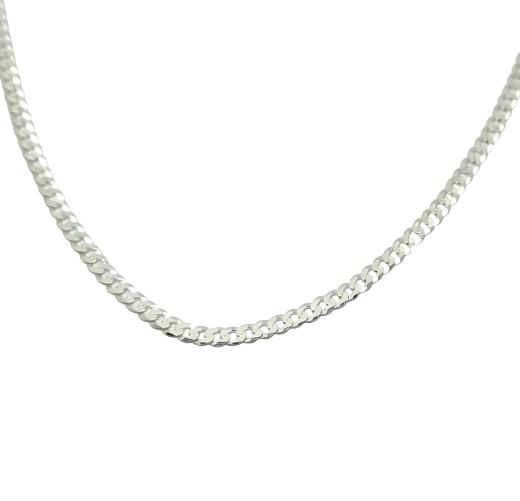 A sterling silver hammered curb diamond cut chain necklace laid out on a plain surface.