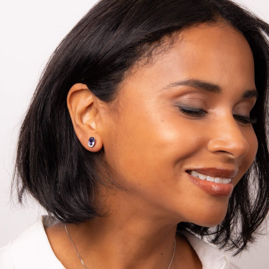 FIORELLI silver Oval Tanzanite Crystal Stud Earrings With Cubic Zirconia Wave 36781 - Armin Lowe Jewellers