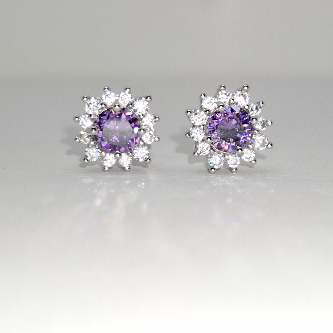 10mm Amethyst CZ cluster sterling silver earring 33676