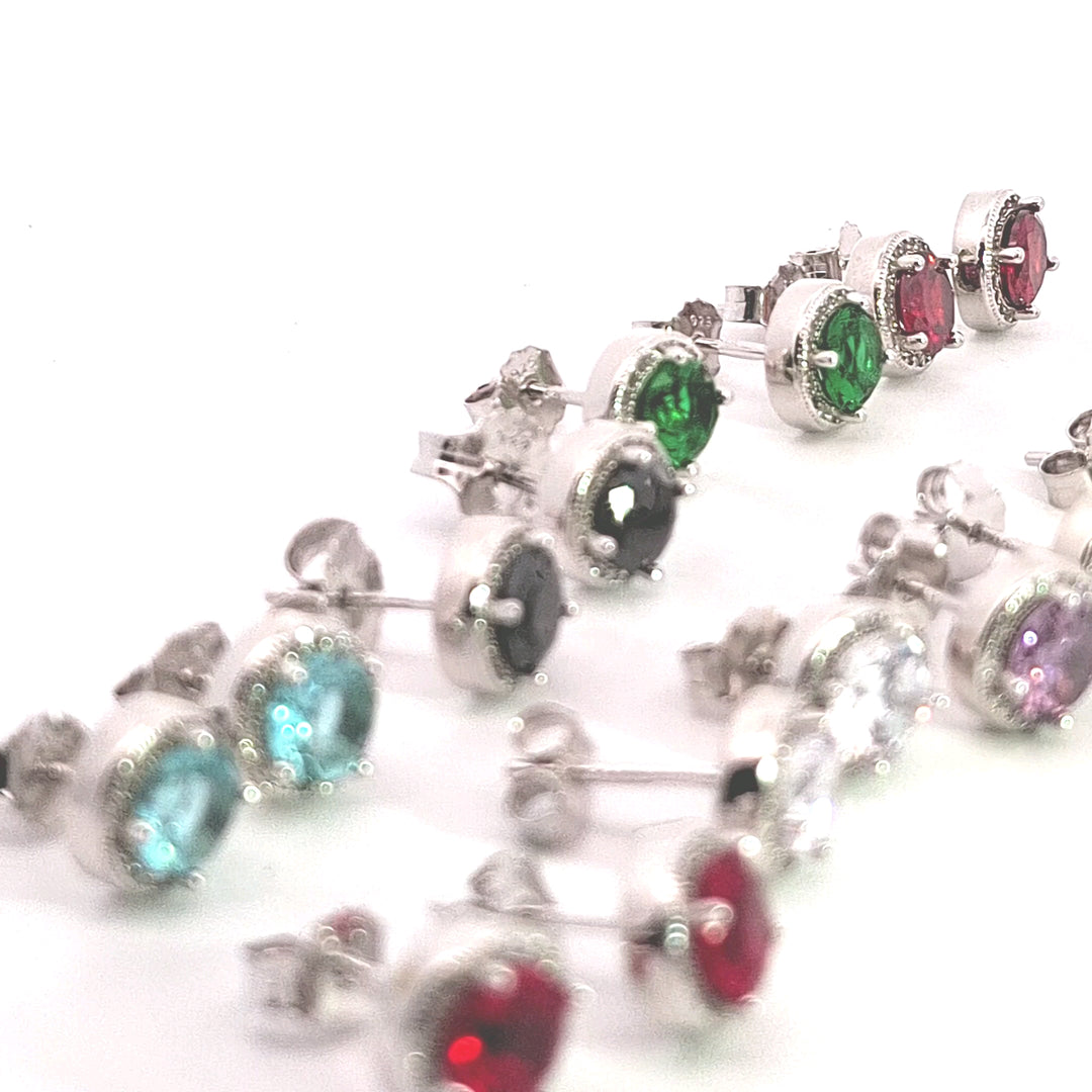 Sterling silver 8mm Ruby Pink CZ Halo stud earrings 38545