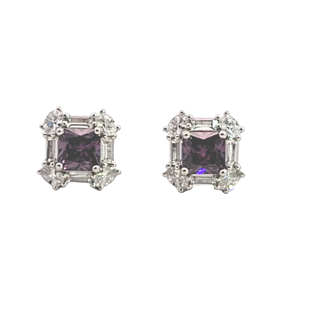 Pair of CZ stud earrings with purple gemstones on a white background