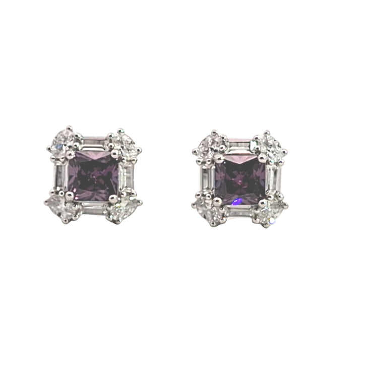 Pair of CZ stud earrings with purple gemstones on a white background
