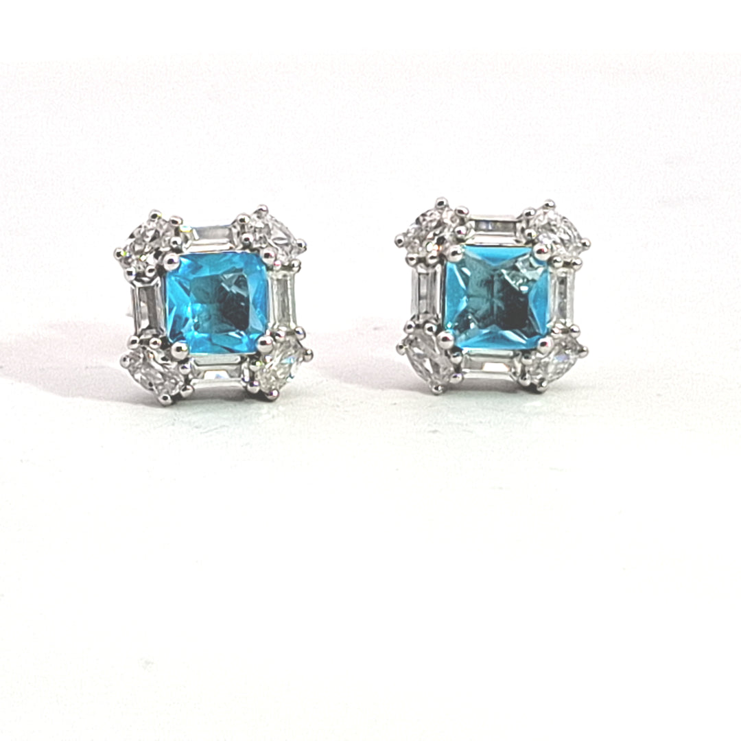 Fancy square Aqua Blue CZ, baguette and round CZ set studs 38022