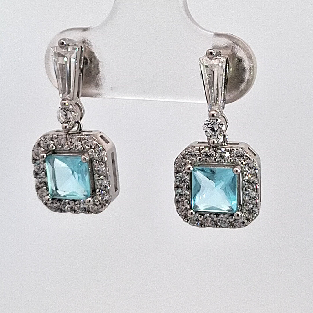Silver square Aquamarine Blue CZ Halo drop earrings 38717