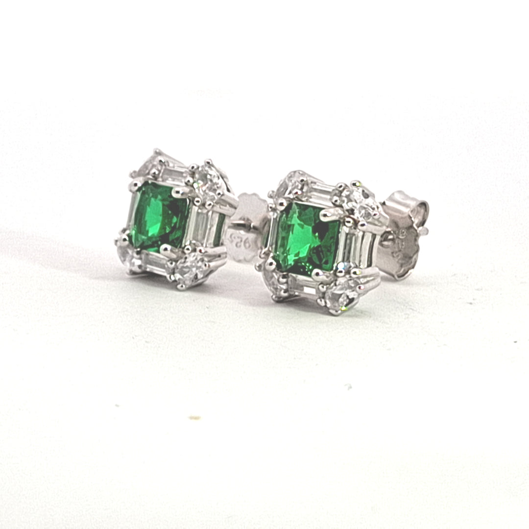 Fancy square Emerald Green CZ, baguette and round CZ set studs 38016