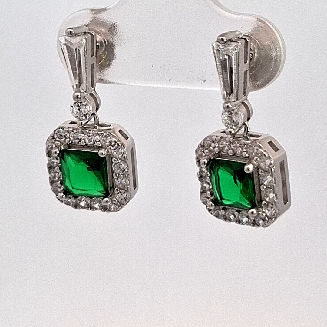 Silver square Emerald Green CZ Halo drop earrings 38709