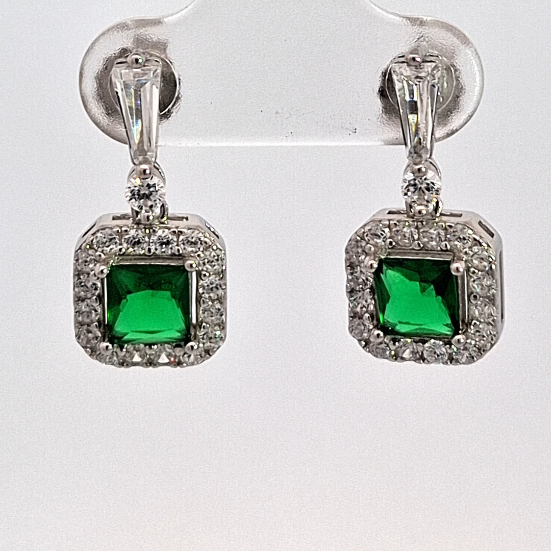 Silver square Emerald Green CZ Halo drop earrings 38709