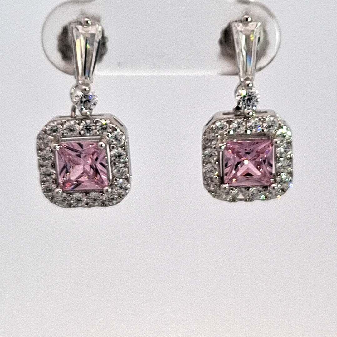 Silver square Pink CZ Halo drop earrings 38715