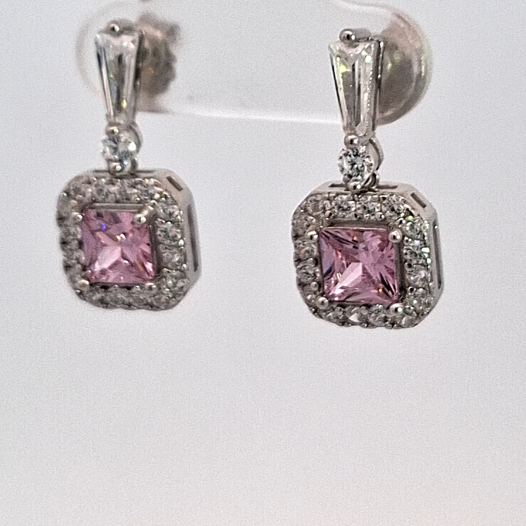 Silver square Pink CZ Halo drop earrings 38715