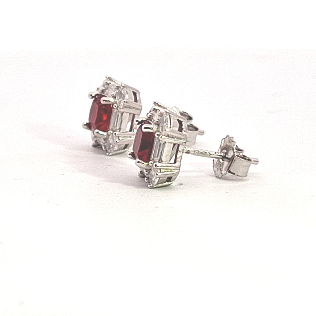 Fancy square Ruby red CZ, baguette and round CZ set studs 38020