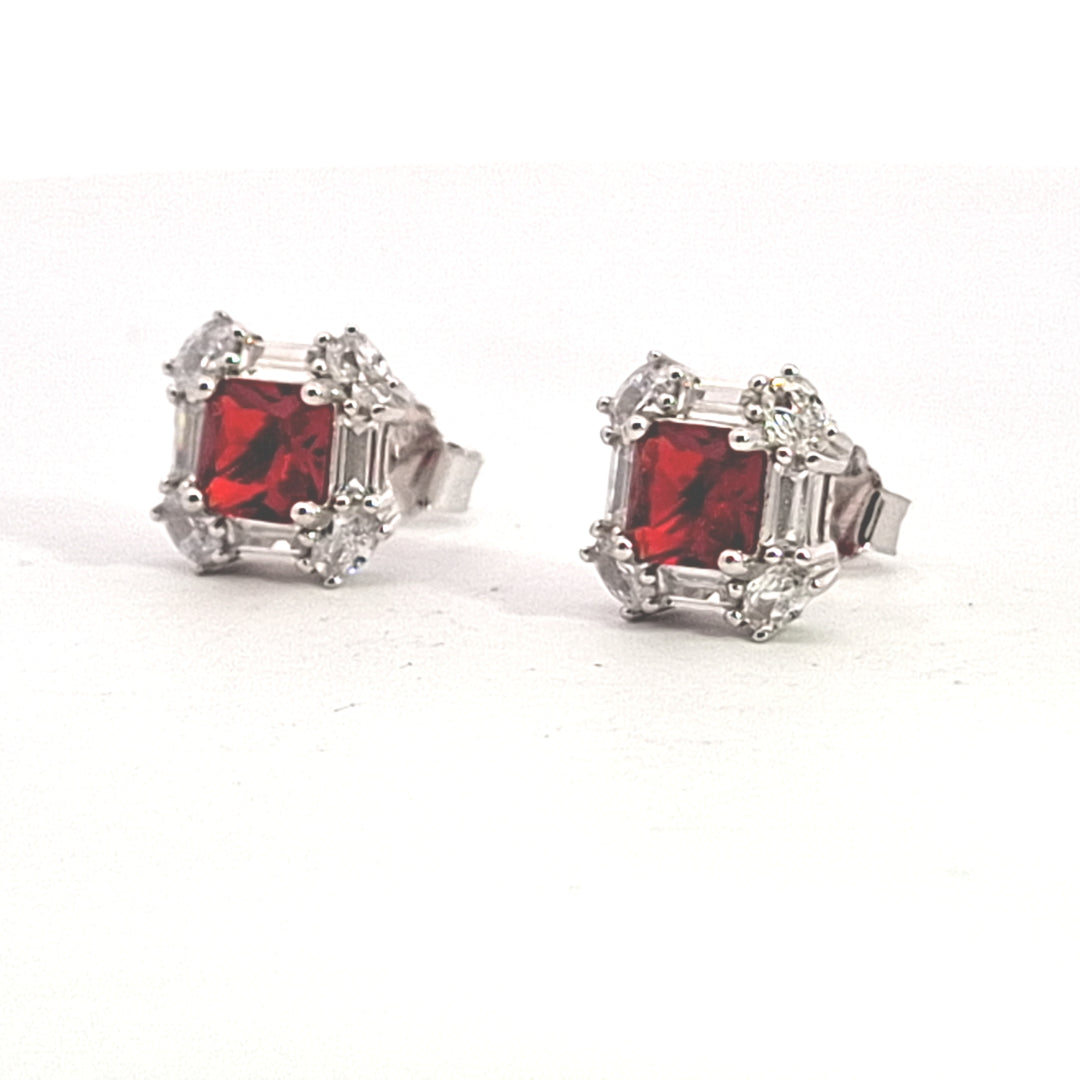 Fancy square Ruby red CZ, baguette and round CZ set studs 38020