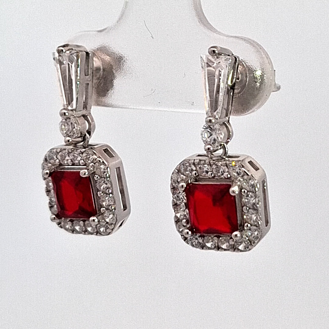 Silver square Ruby Pink CZ Halo drop earrings 38711