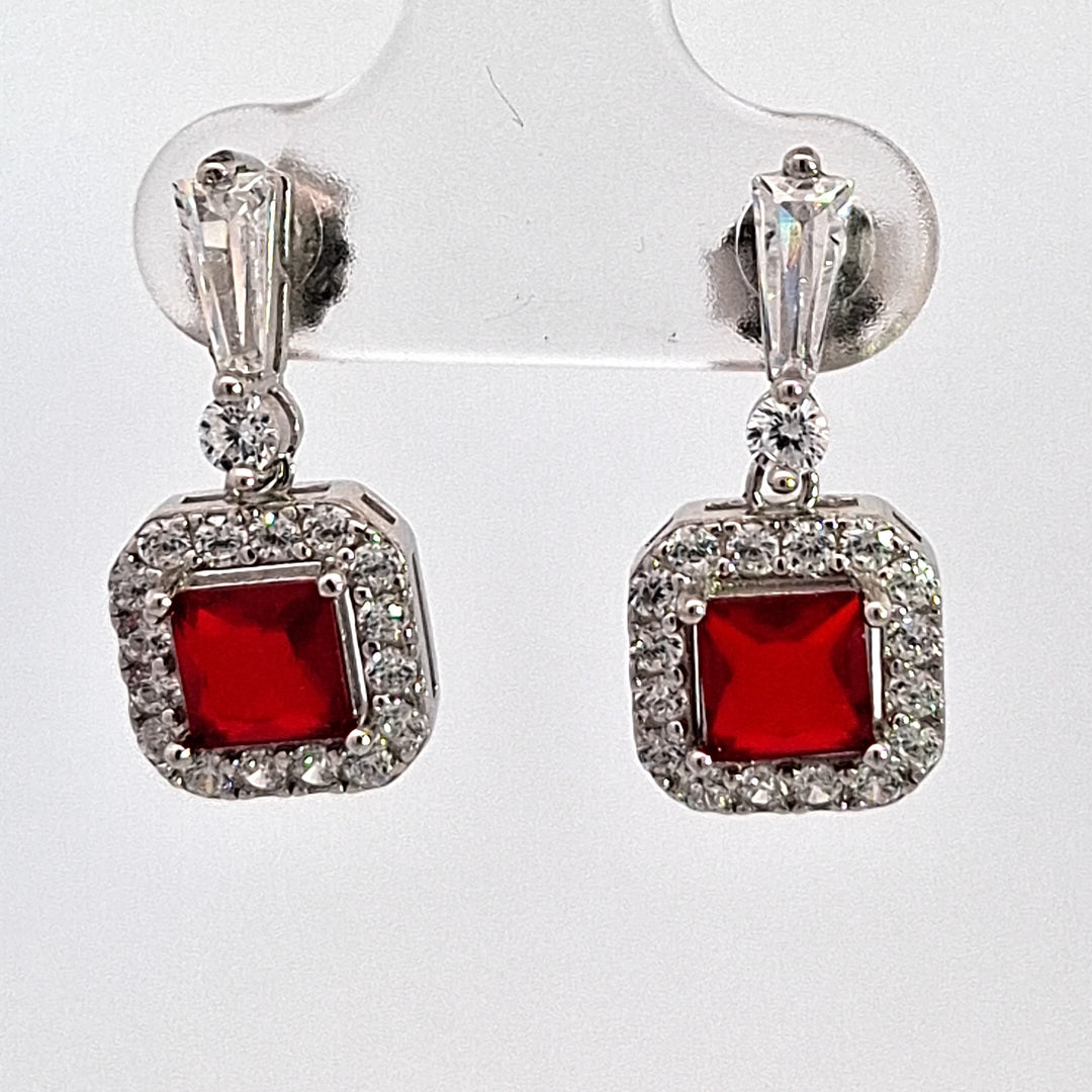 Silver square Ruby Pink CZ Halo drop earrings 38711