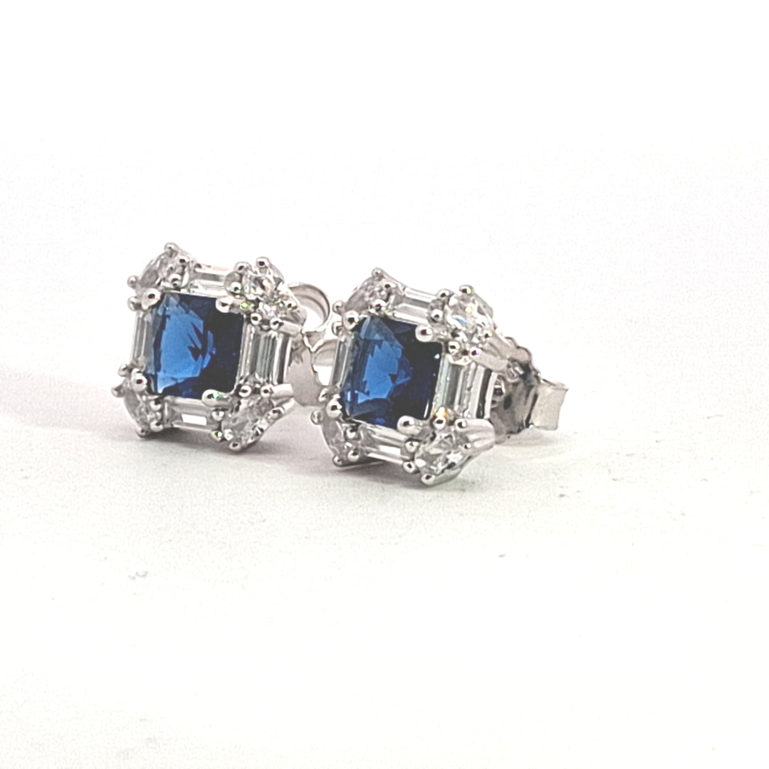 Fancy square Sapphire Blue CZ, baguette and round CZ set studs 38018
