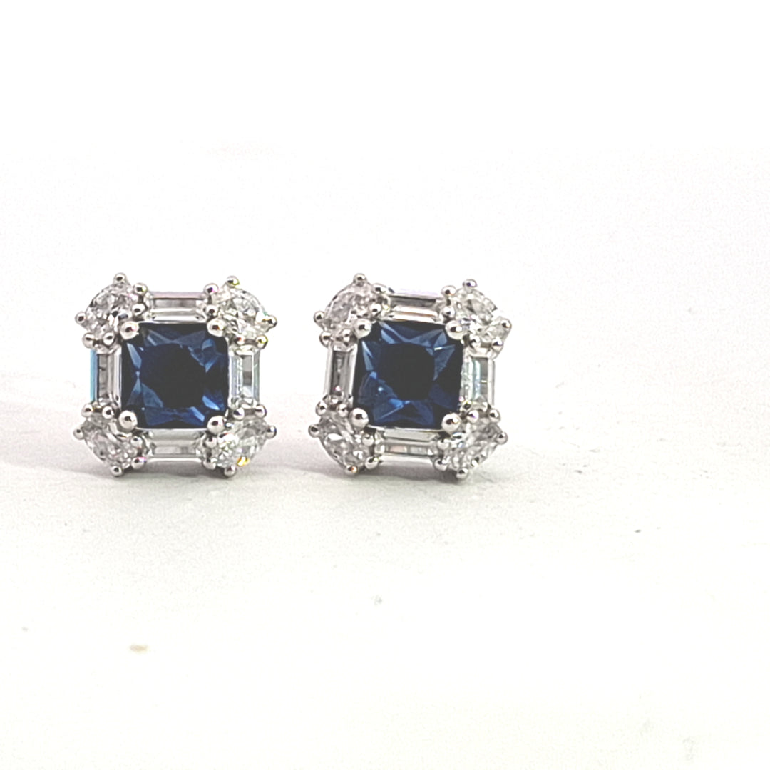 Fancy square Sapphire Blue CZ, baguette and round CZ set studs 38018
