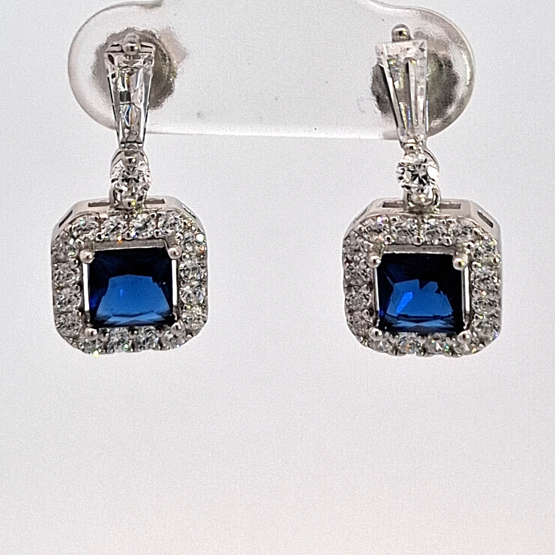 Silver square Sapphire Blue CZ Halo drop earrings 38707