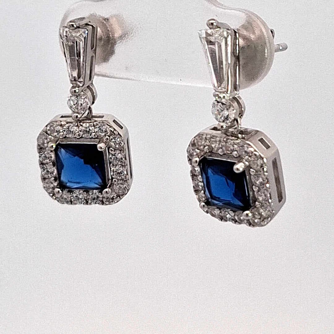 Silver square Sapphire Blue CZ Halo drop earrings 38707