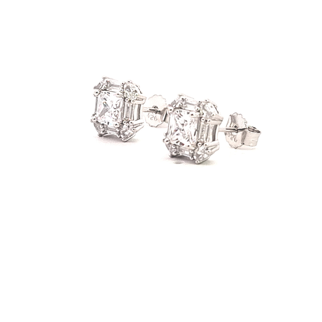 Fancy square, baguette and round CZ set studs 38014