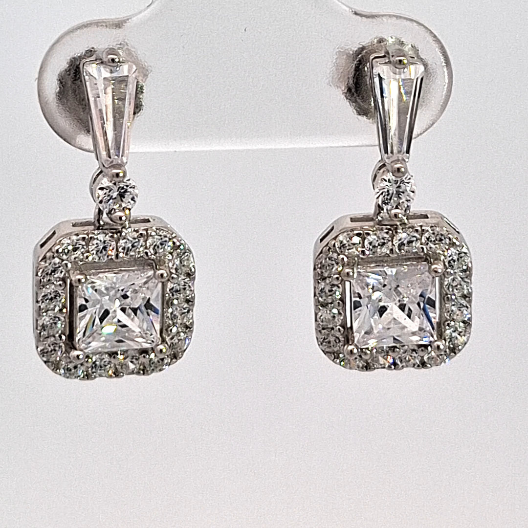 Silver square CZ Halo drop earrings 38719